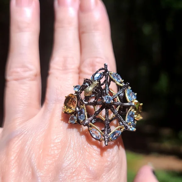 Topaz & Citrine sterling & gold Rhodium 🕷 spider on 🕸 web cocktail ring sz8.5